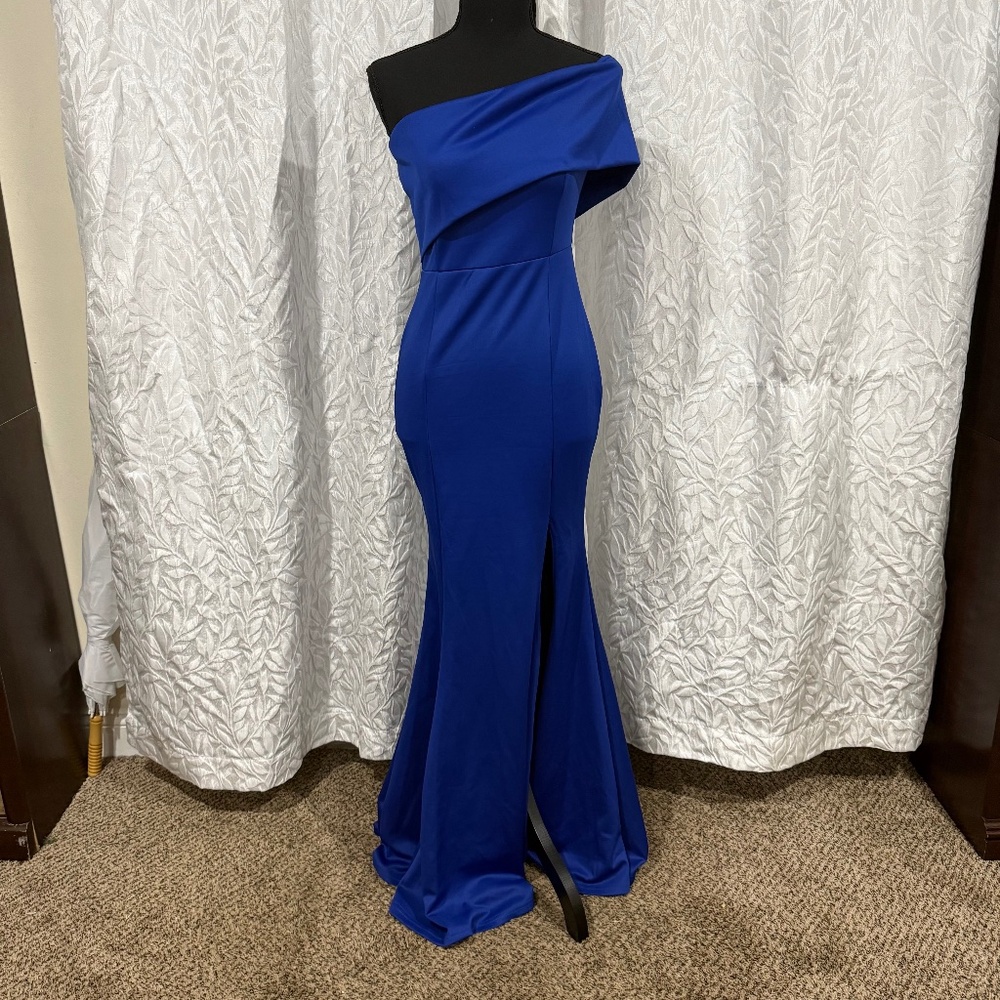 Royal blue one shoulder slit formal size small 2/4 prom bridesmaid dress